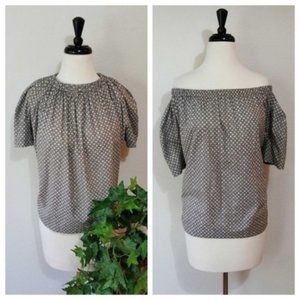 LIHO Puff Sleeve Blouse Elastic Pleated Neck Off Shoulder Patterned Short Sleeve